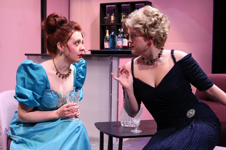 Photo: Claire Gans (Rylee Bass, right) has a secret too good not to spill to Chris Gorman (Riley Harbour, left) in West Texas A&M University Theatre’s “Rumors,” on stage April 4 to 14.